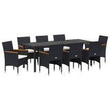 Garden Dining Set with Cushion 9 pcs Black Poly Rattan - Front View