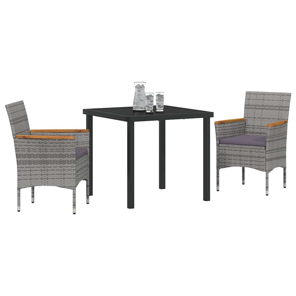 Garden Dining Set with Cushion 3 pcs Grey Poly Rattan