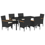 Garden Dining Set with Cushion 7 pcs Black Poly Rattan - Front View