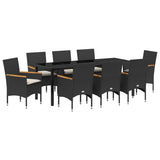 Garden Dining Set with Cushion 9 pcs Black Poly Rattan - Front View