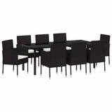 Garden Dining Set with Cushion 9 pcs Black Poly Rattan - Front View