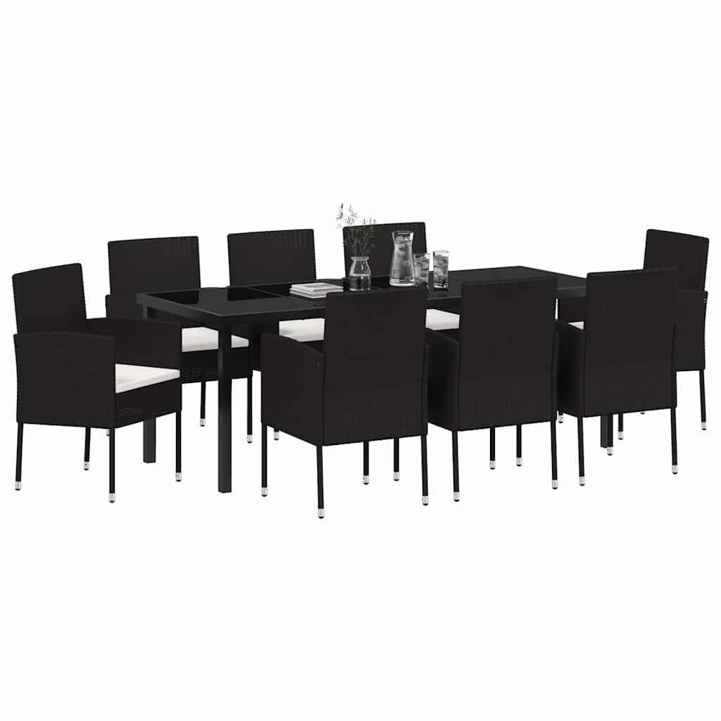 Garden Dining Set with Cushion 9 pcs Black Poly Rattan