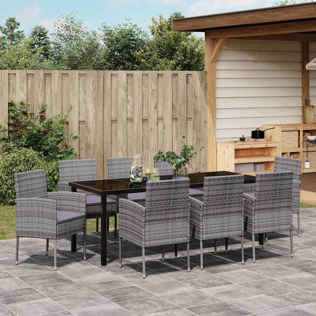 Garden Dining Set with Cushion 9 pcs Grey Poly Rattan