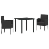Garden Dining Set with Cushion 3 pcs Black Poly Rattan - Front View