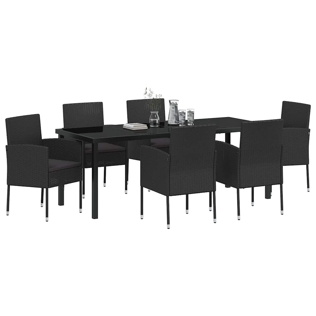 Garden Dining Set with Cushion 7 pcs Black Poly Rattan