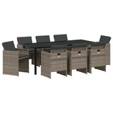 Garden Dining Set with Cushion 9 pcs Grey Poly Rattan - Front View