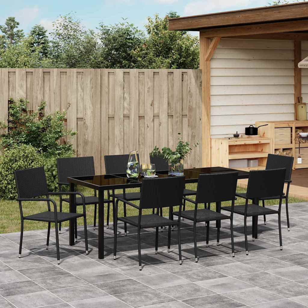 Garden Dining Set with Cushion 9 pcs Black Poly Rattan