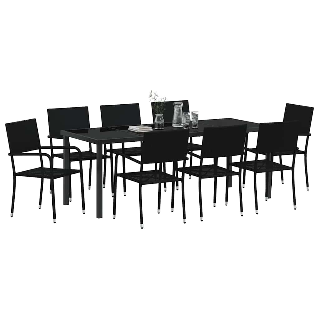 Garden Dining Set with Cushion 9 pcs Black Poly Rattan
