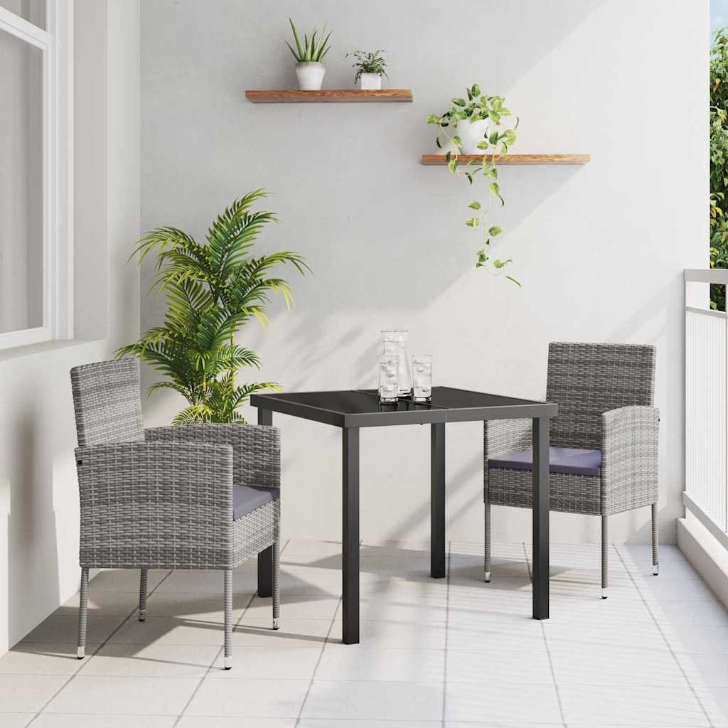Garden Dining Set with Cushion 3 pcs Grey Poly Rattan