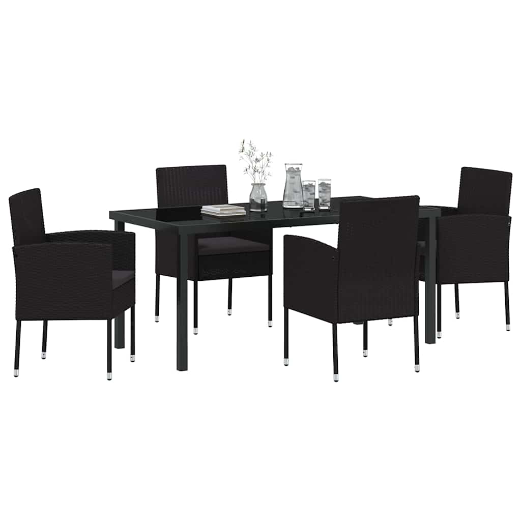 Garden Dining Set with Cushion 5 pcs Black Poly Rattan