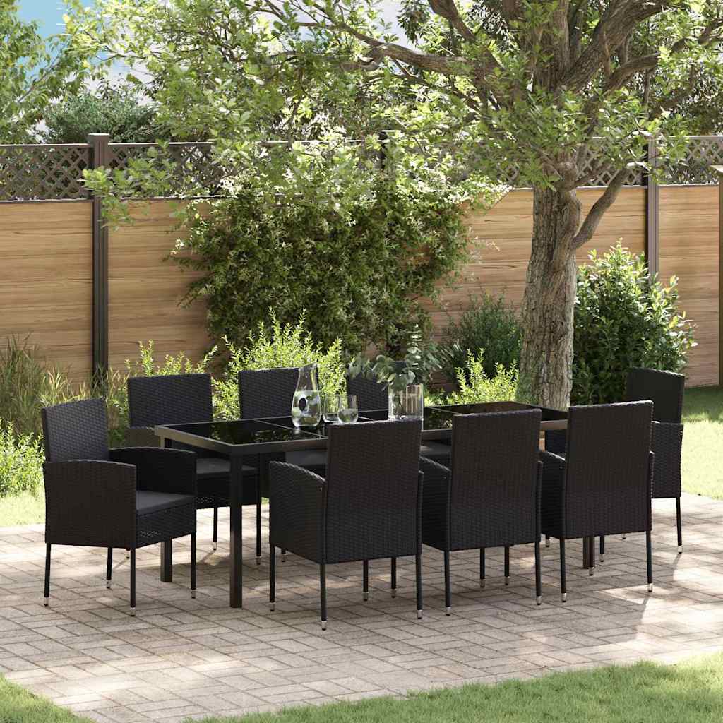 Garden Dining Set with Cushion 9 pcs Black Poly Rattan