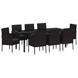 Garden Dining Set with Cushion 9 pcs Black Poly Rattan - Front View