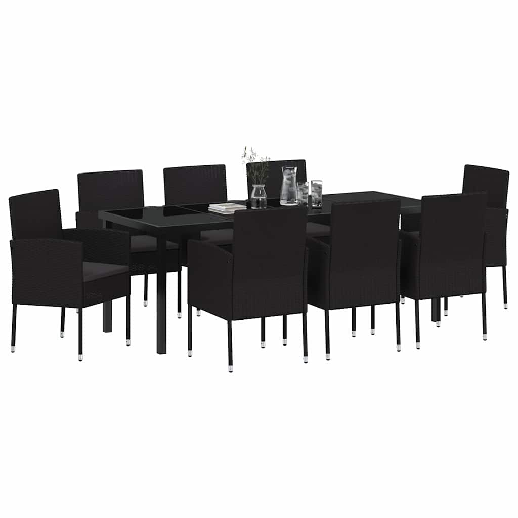 Garden Dining Set with Cushion 9 pcs Black Poly Rattan