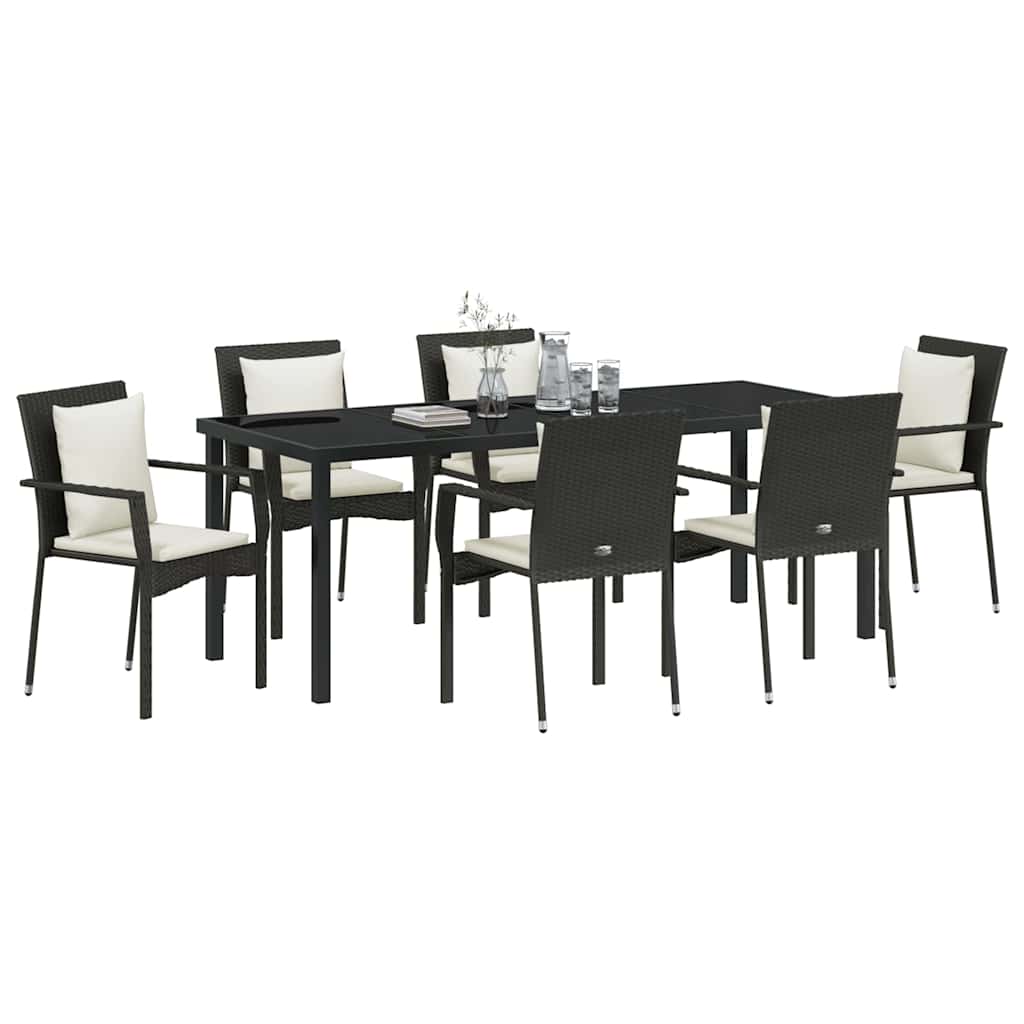 Garden Dining Set with Cushion 7 pcs Black Poly Rattan