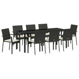 Garden Dining Set with Cushion 9 pcs Black Poly Rattan - Front View