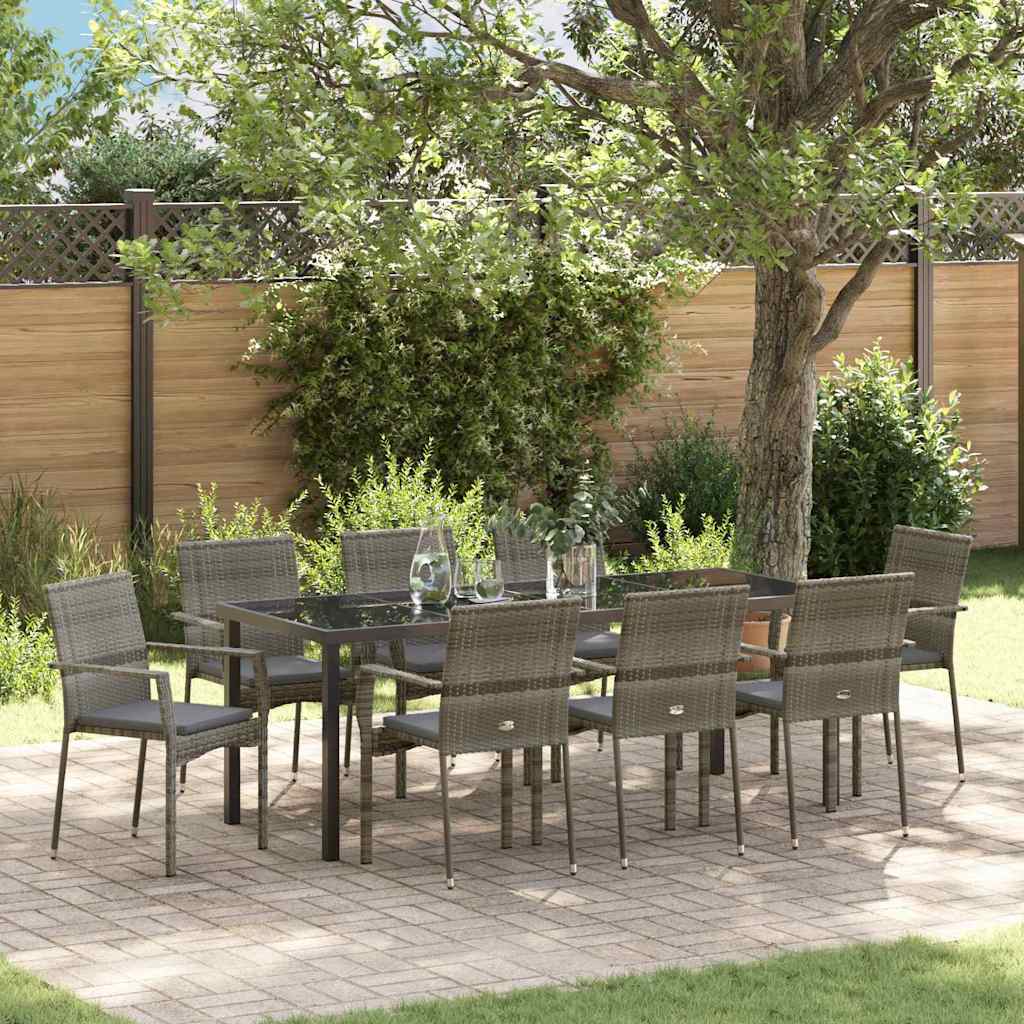 Garden Dining Set with Cushion 9 pcs Grey Poly Rattan