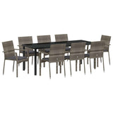 Garden Dining Set with Cushion 9 pcs Grey Poly Rattan - Front View