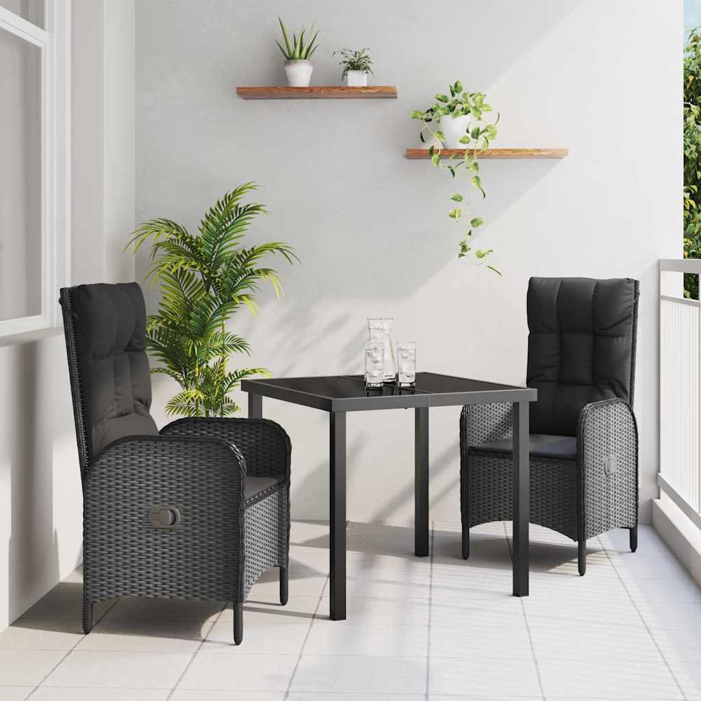 Garden Dining Set with Cushion 3 pcs Black Poly Rattan