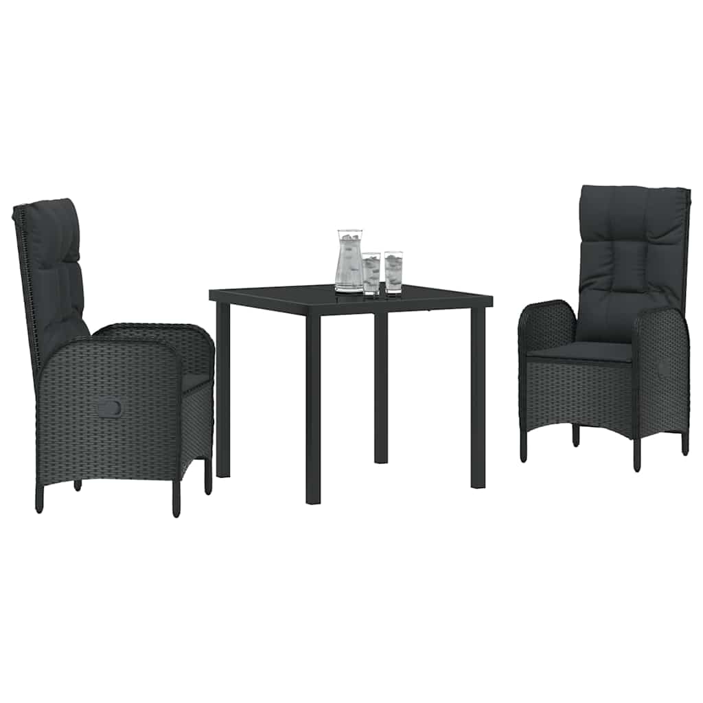 Garden Dining Set with Cushion 3 pcs Black Poly Rattan