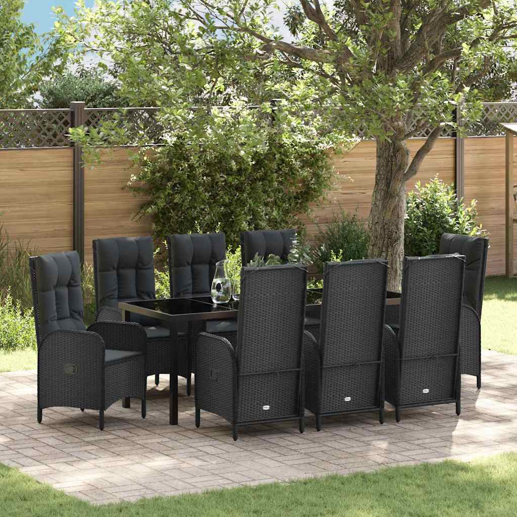 Garden Dining Set with Cushion 9 pcs Black Poly Rattan