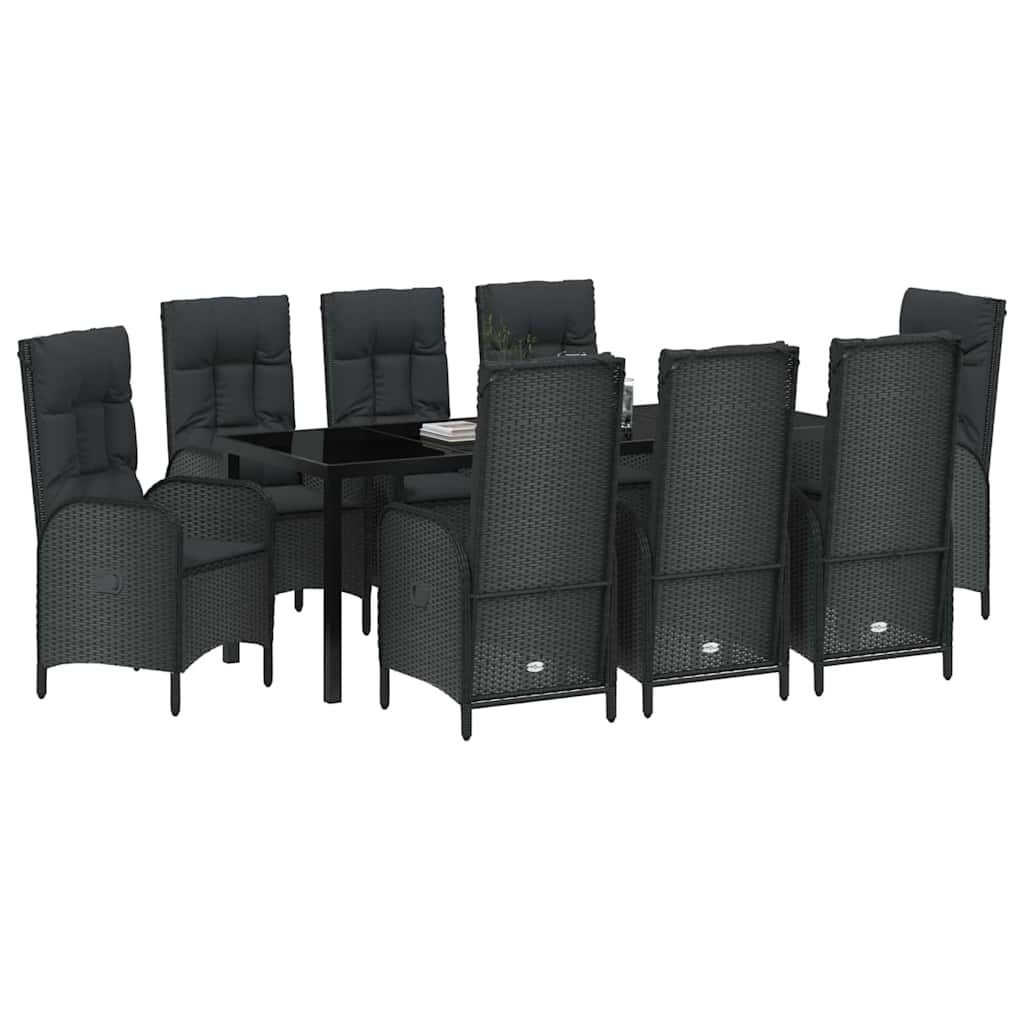 Garden Dining Set with Cushion 9 pcs Black Poly Rattan