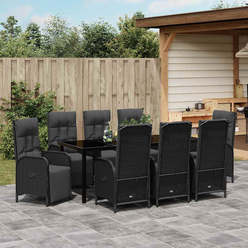 Garden Dining Set with Cushion 9 pcs Black Poly Rattan