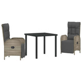Garden Dining Set with Cushion 3 pcs Grey Poly Rattan - Front View