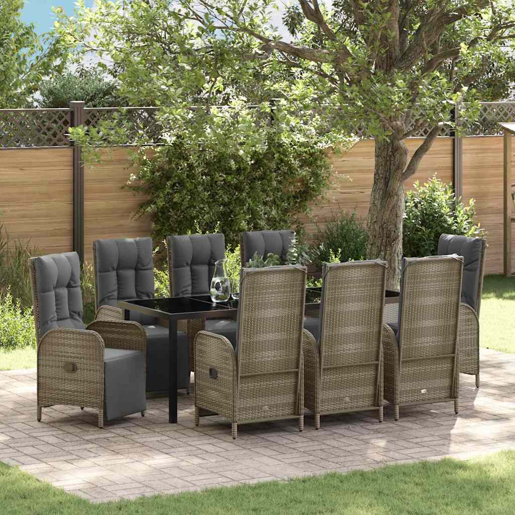 Garden Dining Set with Cushion 9 pcs Grey Poly Rattan