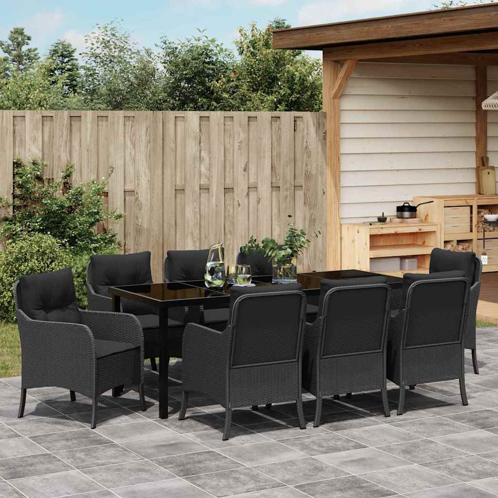 Garden Dining Set with Cushion 9 pcs Black Poly Rattan