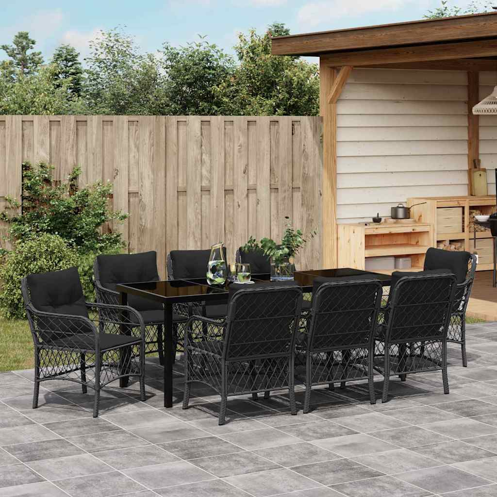 Garden Dining Set with Cushion 9 pcs Black Poly Rattan