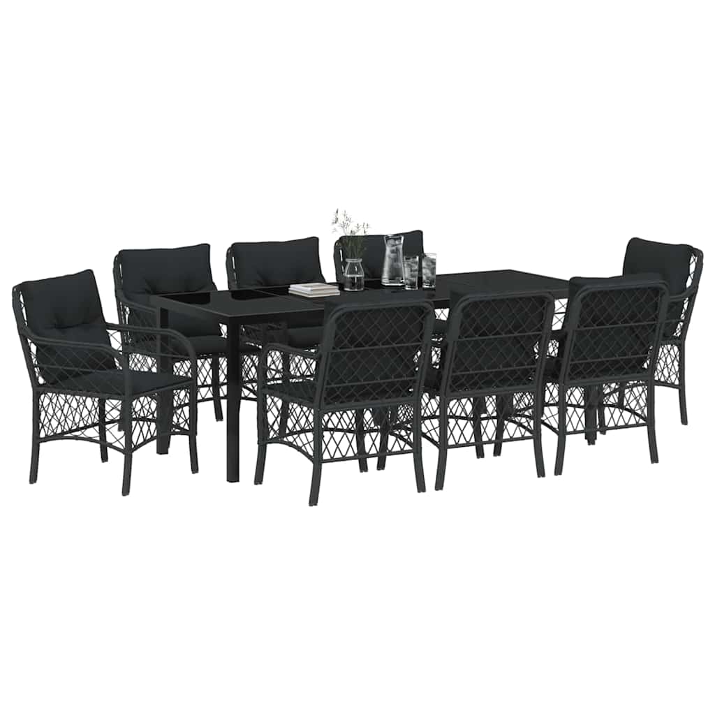 Garden Dining Set with Cushion 9 pcs Black Poly Rattan
