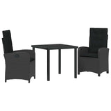 Garden Dining Set with Cushion 3 pcs Black Poly Rattan - Front View