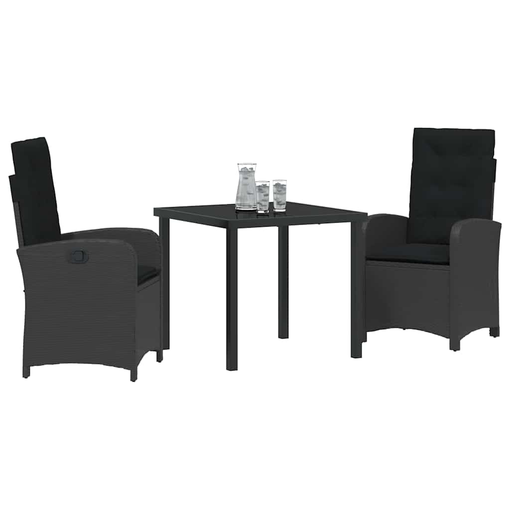 Garden Dining Set with Cushion 3 pcs Black Poly Rattan