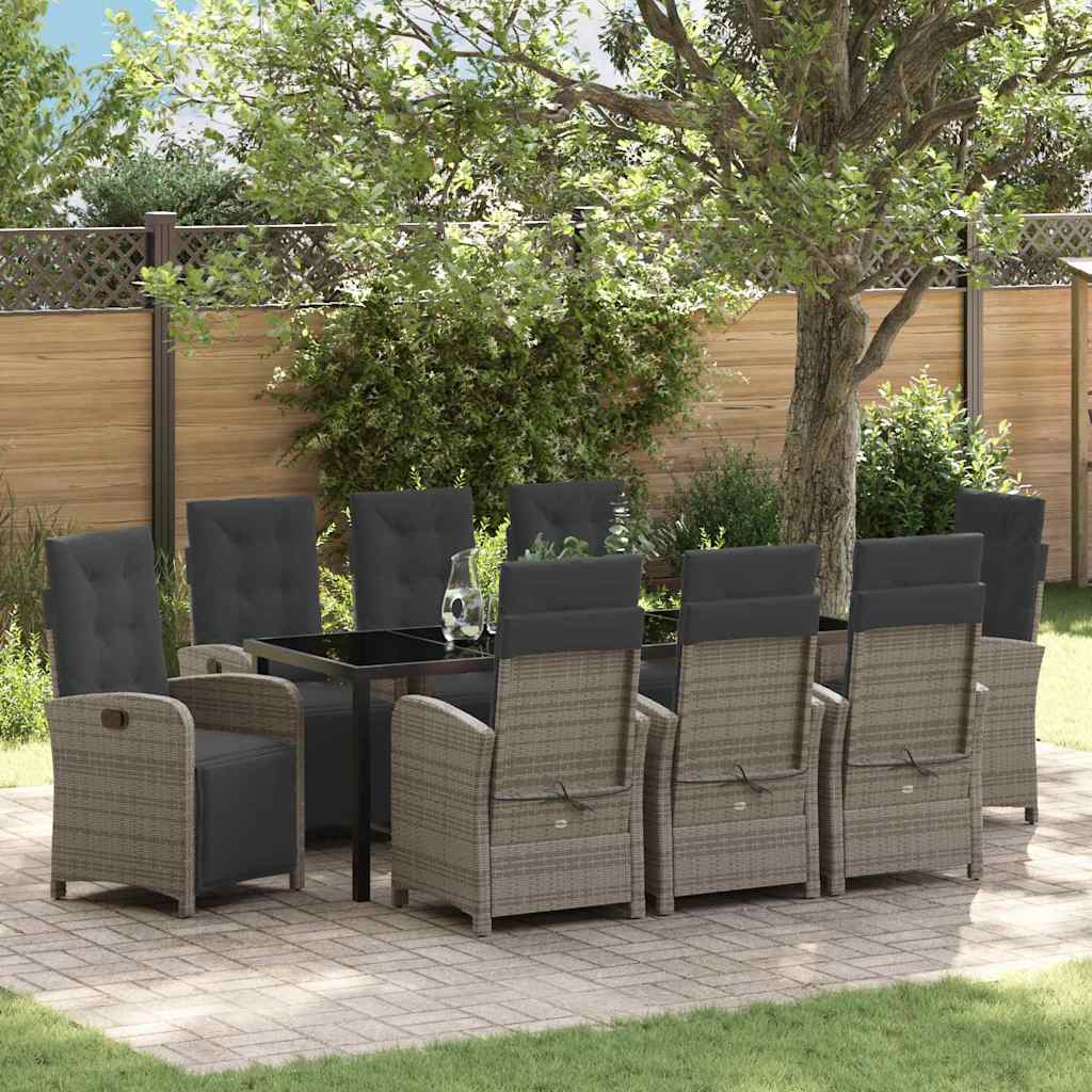 Garden Dining Set with Cushion 9 pcs Grey Poly Rattan