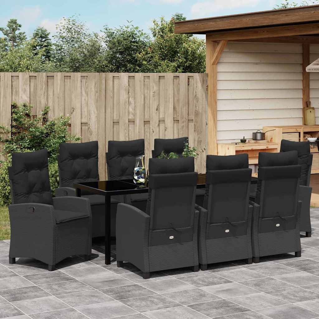 Garden Dining Set with Cushion 9 pcs Black Poly Rattan