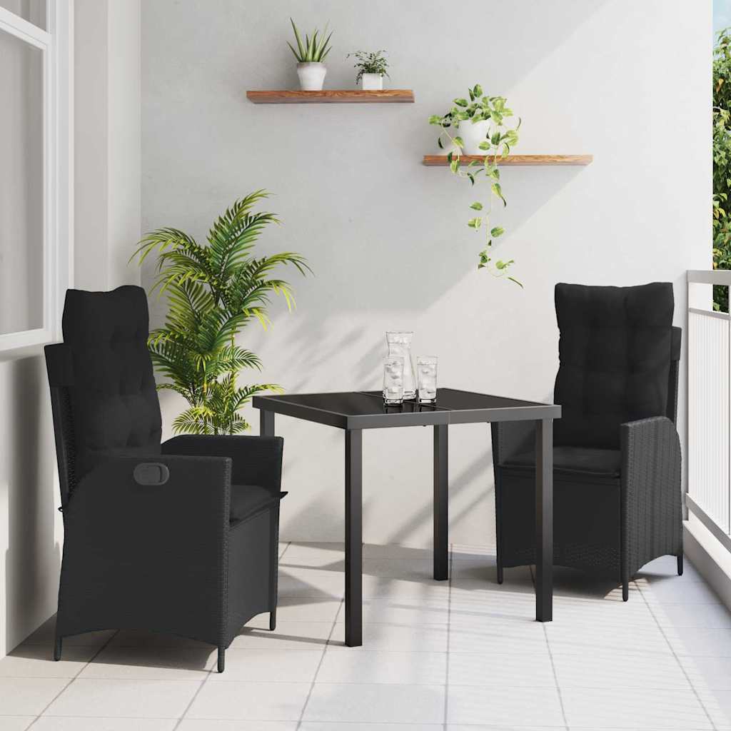 Garden Dining Set with Cushion 3 pcs Black Poly Rattan