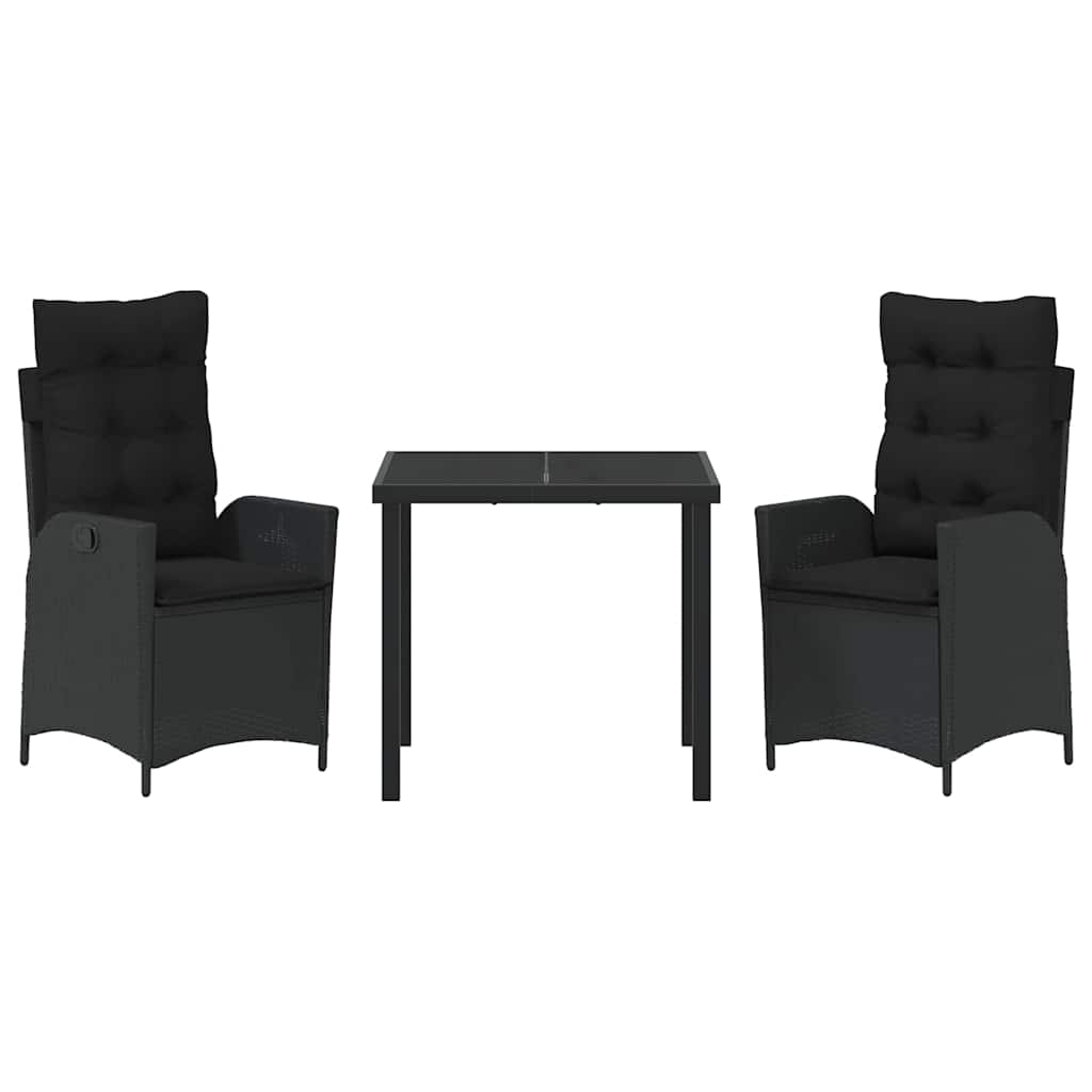 Garden Dining Set with Cushion 3 pcs Black Poly Rattan