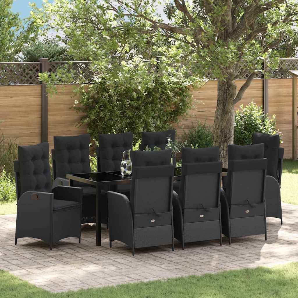Garden Dining Set with Cushion 9 pcs Black Poly Rattan