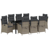 Garden Dining Set with Cushion 9 pcs Grey Poly Rattan - Front View