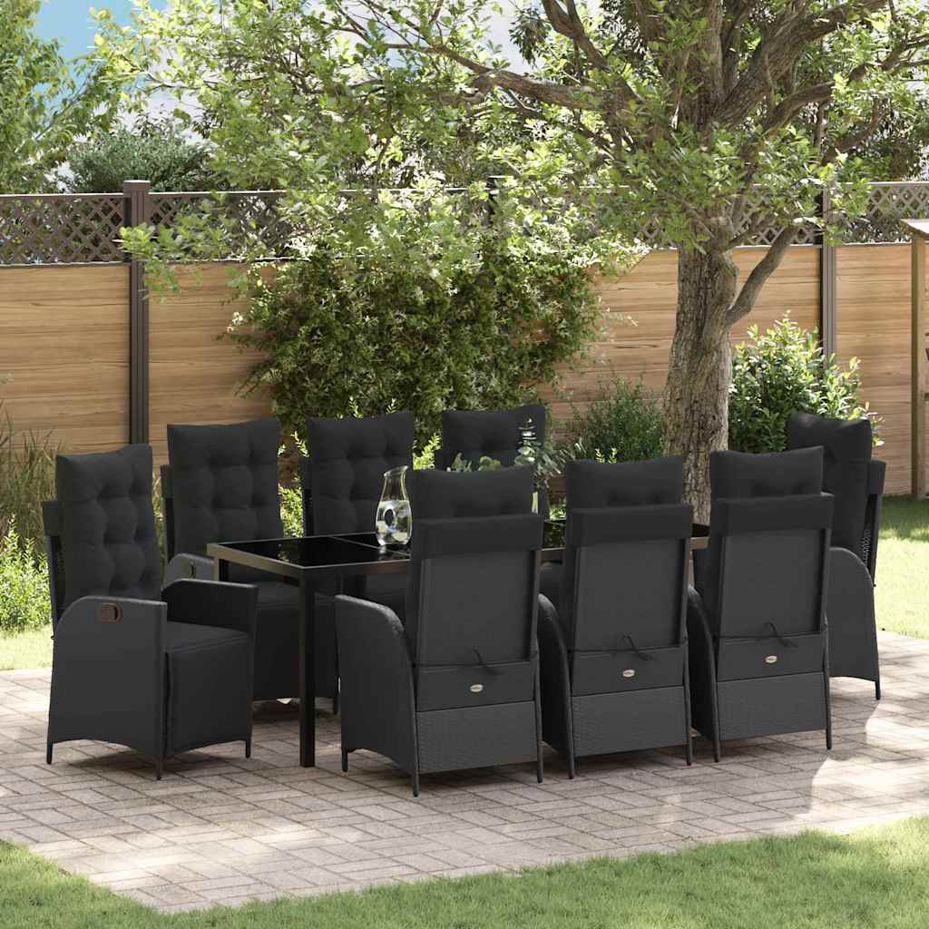 Garden Dining Set with Cushion 9 pcs Black Poly Rattan