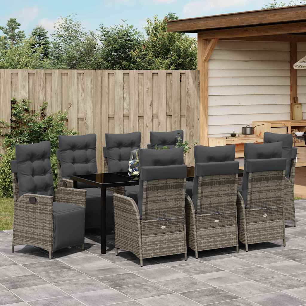 Garden Dining Set with Cushion 9 pcs Grey Poly Rattan