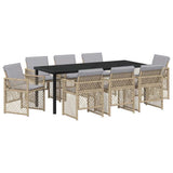 Garden Dining Set 9 pcs Beige Poly Rattan - Front View