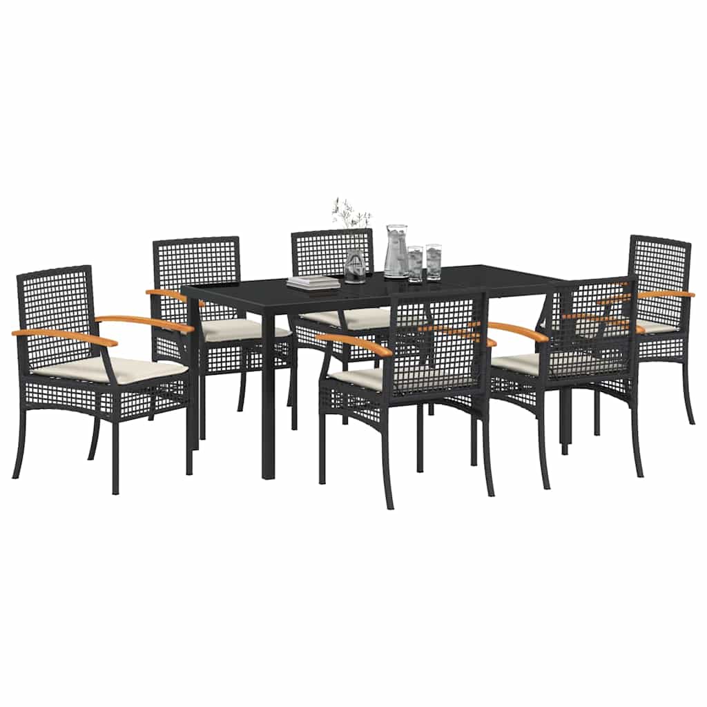 Garden Dining Set with Cushion 7 pcs Black Rattan