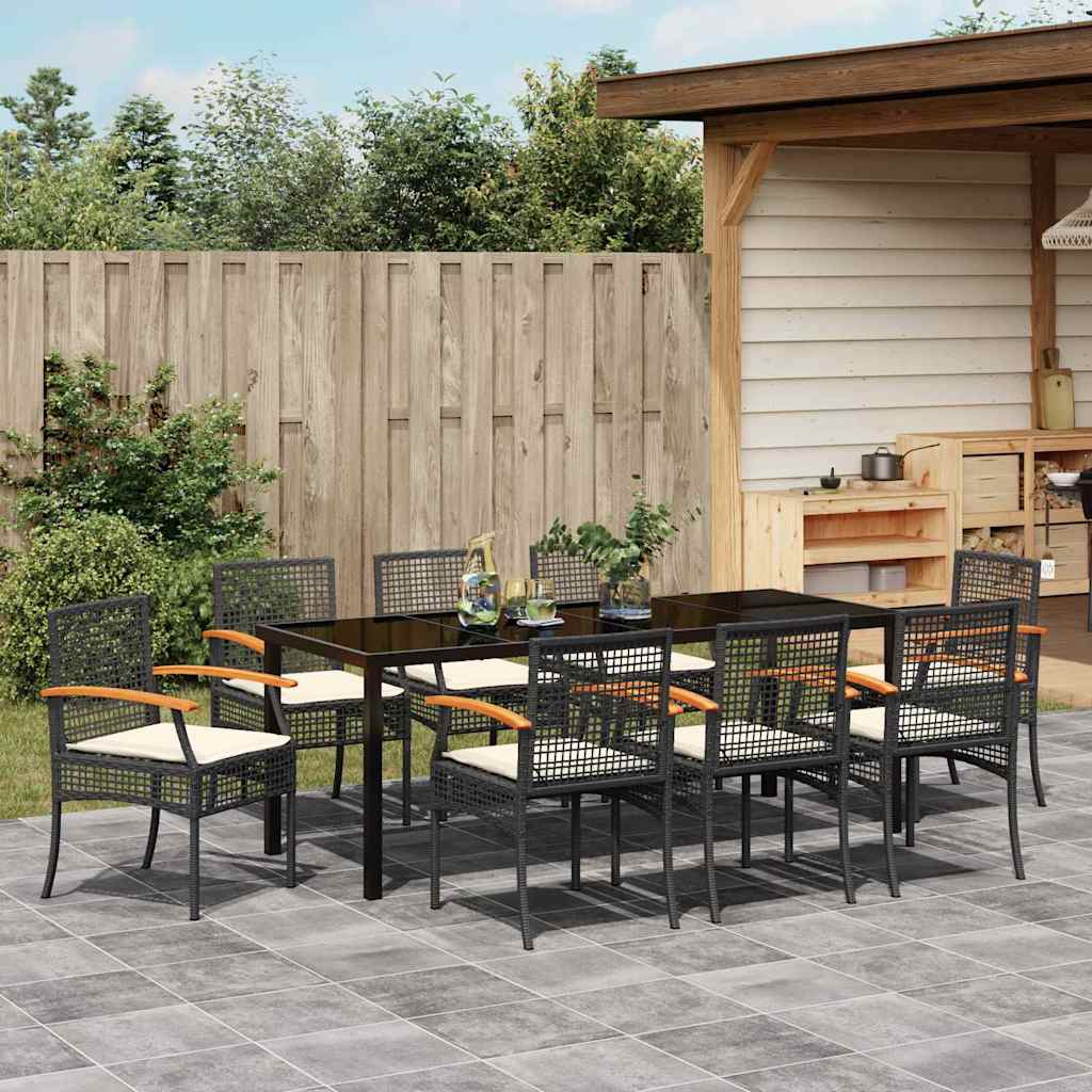 Garden Dining Set with Cushion 9 pcs Black Rattan