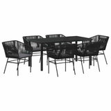 Garden Dining Set with Cushion 7 pcs Black Powder-Coated Steel - Front View