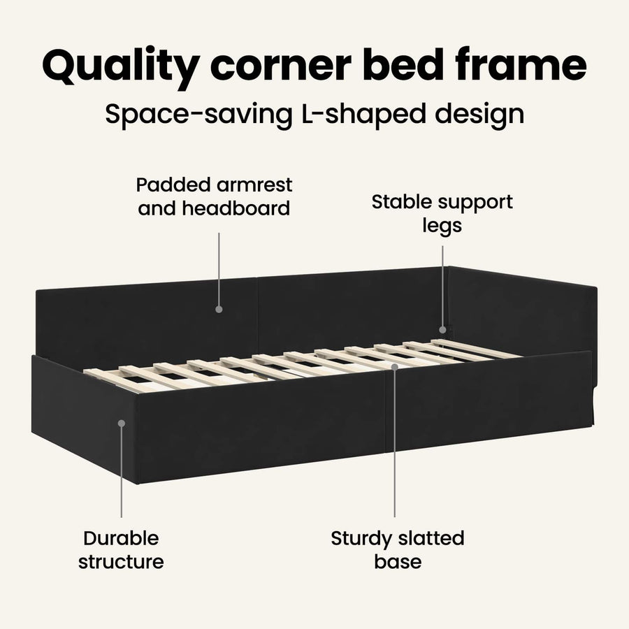 Corner Bed Frame Black 90 x 190 cm Velvet
