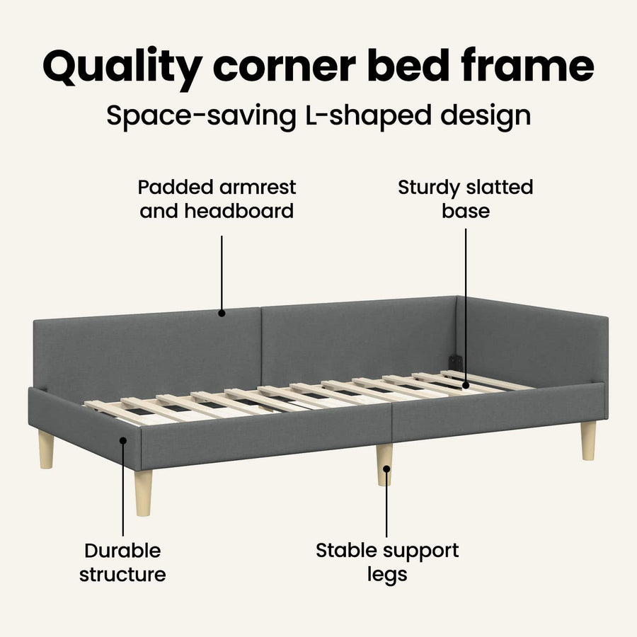 Corner Bed Frame with Headboard Dark Grey 90 x 190 cm Fabric