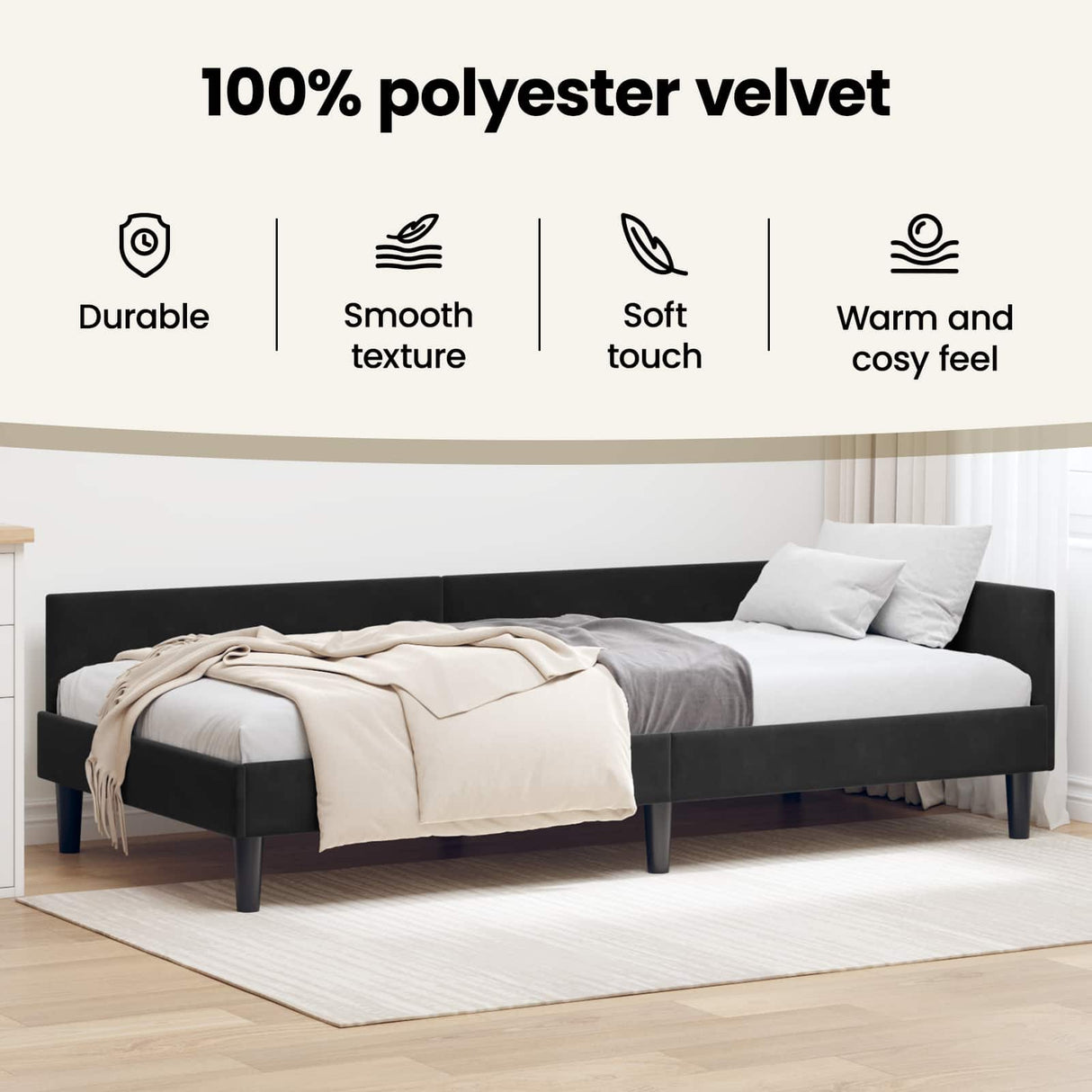 Corner Bed Frame Black 90 cm x 190 cm VelvetandPlywood