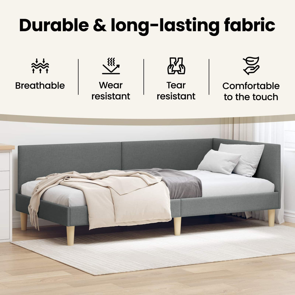 Corner Bed Frame Dark Grey 90 cm x 190 cm Fabric and Plywood