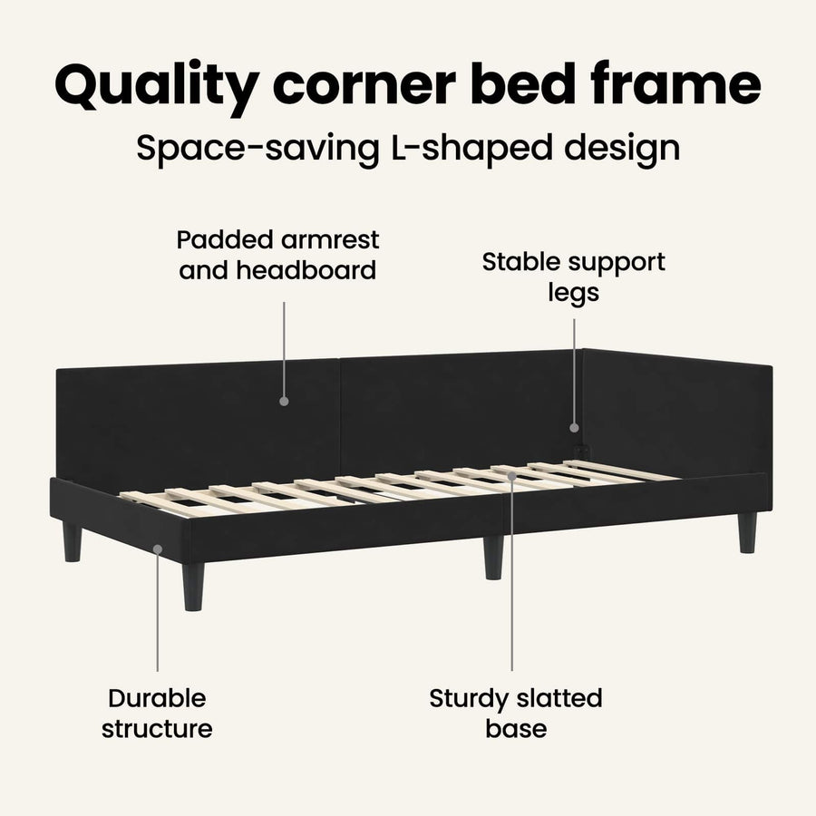 Corner Bed Frame Black 90 x 190 cm Velvet
